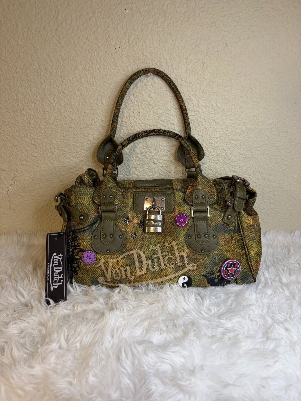 Von Dutch Bree Green Distressed Studded Rhinestone Satchel Bag Y2K NWT